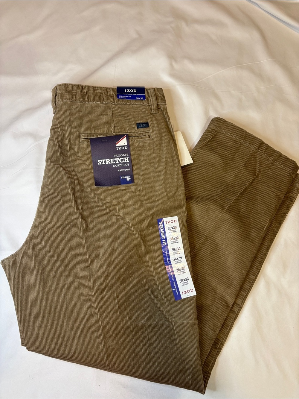 New Izod Corduroy Tailgate Stretch Straight Fit Flat Front Dark Khaki Pant 36 30